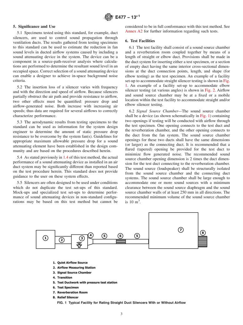 ASTM E477-13e1 - Standard Test Method for  Laboratory Measurements of Acoustical and Airflow Performance  of Duct Liner Materials and Prefabricated Silencers