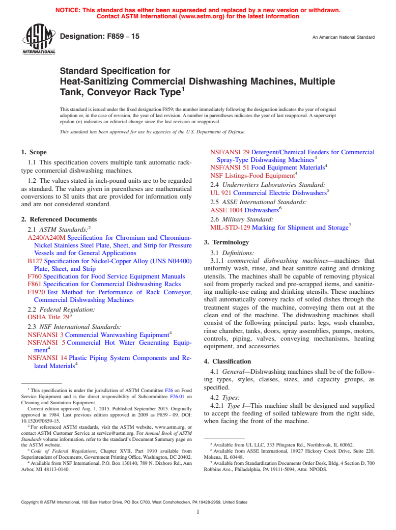 ASTM F859-15 - Standard Specification for Heat-Sanitizing Commercial Dishwashing Machines, Multiple Tank,  Conveyor Rack Type