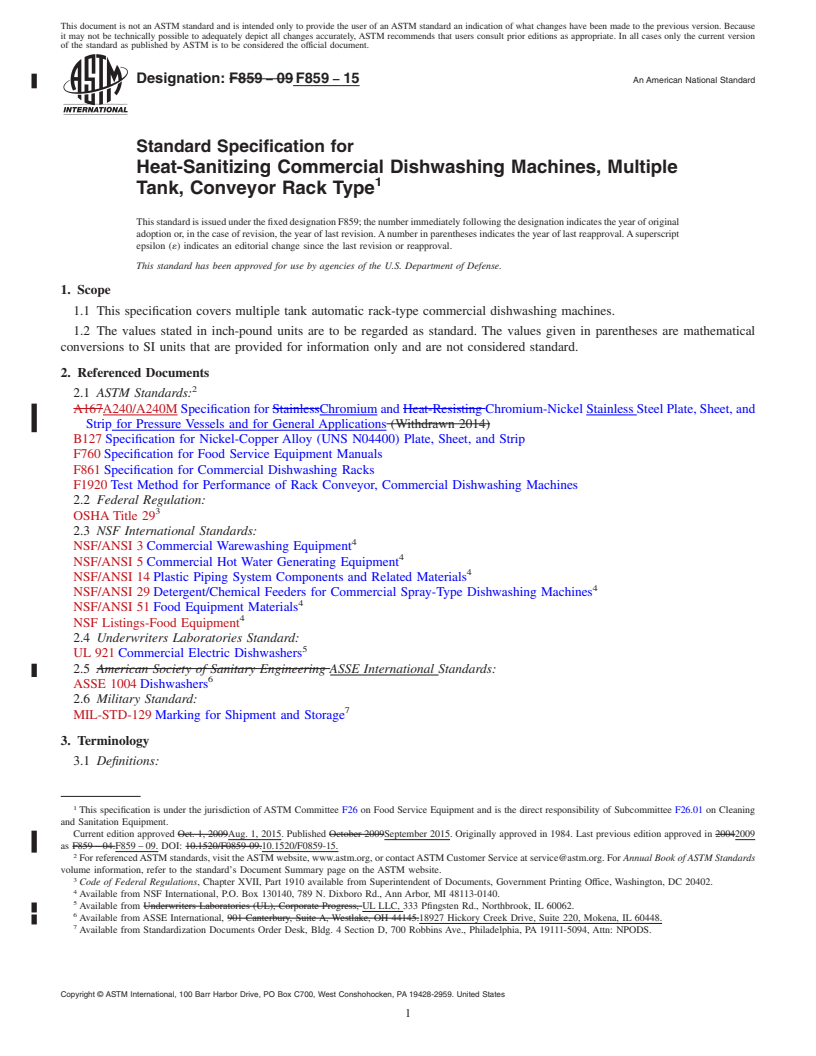 REDLINE ASTM F859-15 - Standard Specification for Heat-Sanitizing Commercial Dishwashing Machines, Multiple Tank,  Conveyor Rack Type