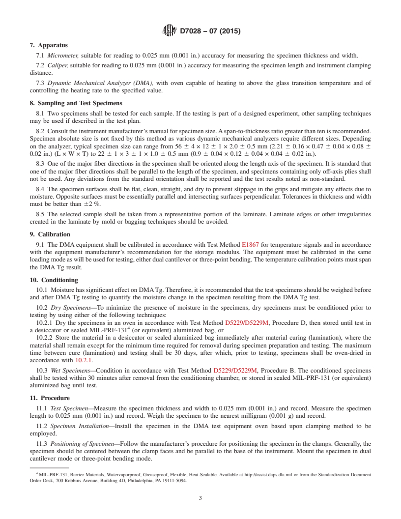 REDLINE ASTM D7028-07(2015) - Standard Test Method for  Glass Transition Temperature (DMA Tg) of Polymer Matrix Composites  by Dynamic Mechanical Analysis (DMA)