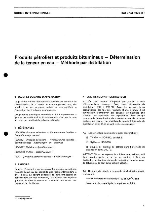 ISO 3733:1976 - Produits pétroliers et produits bitumineux -- Détermination de la teneur en eau -- Méthode par distillation