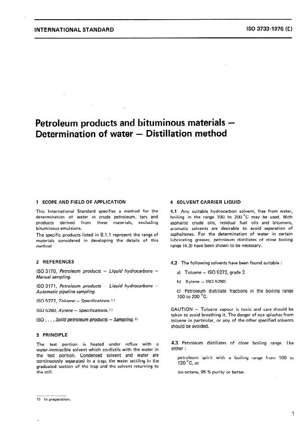 ISO 3733:1976 - Petroleum products and bituminous materials -- Determination of water -- Distillation method