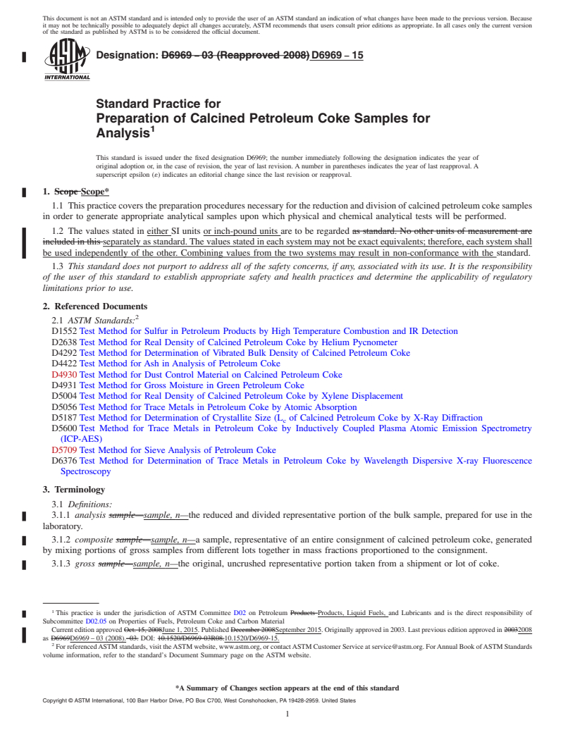 REDLINE ASTM D6969-15 - Standard Practice for  Preparation of Calcined Petroleum Coke Samples for Analysis