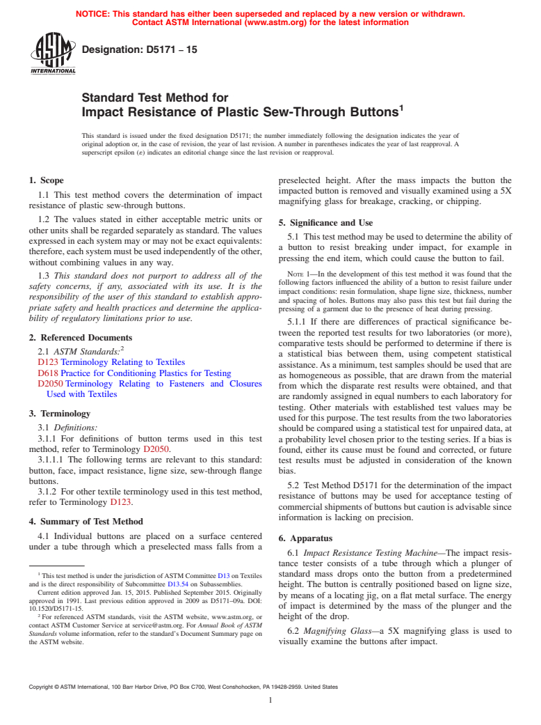 ASTM D5171-15 - Standard Test Method for  Impact Resistance of Plastic Sew-Through Buttons