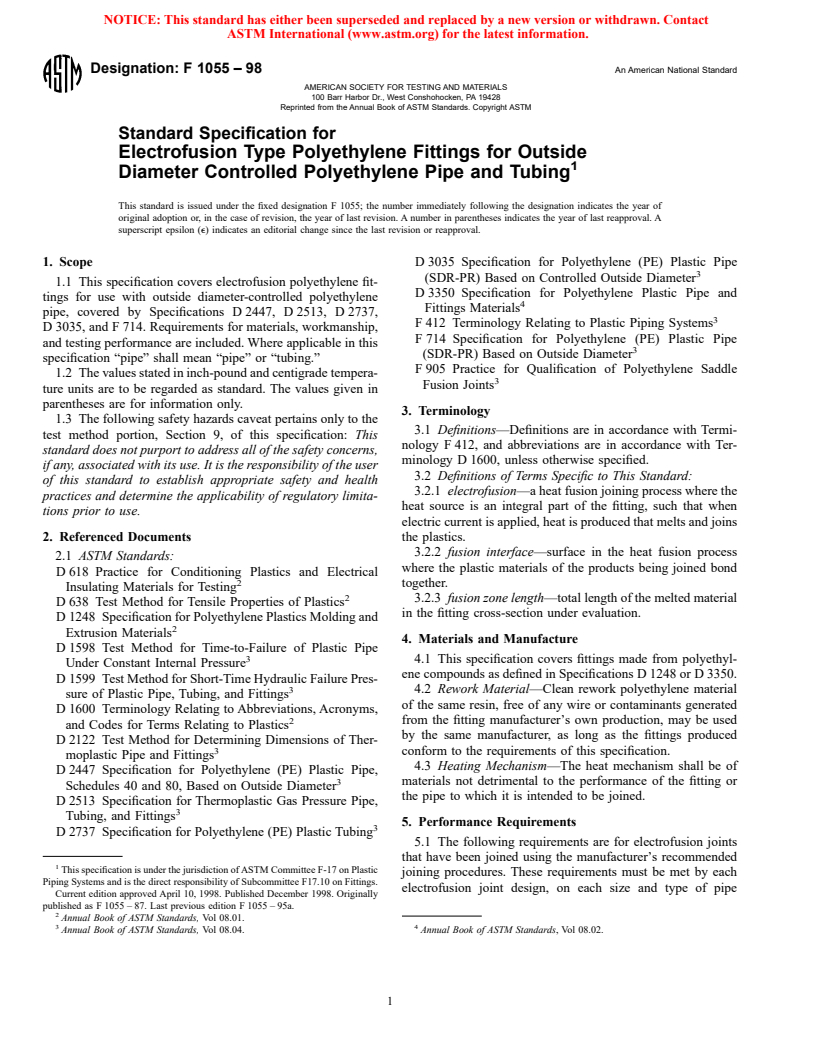 ASTM F1055-98 - Standard Specification for Electrofusion Type Polyethylene Fittings for Outside Diameter Controlled Polyethylene Pipe and Tubing