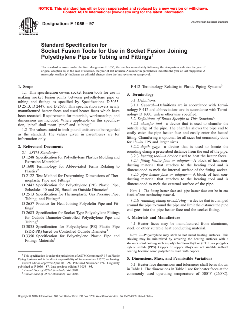 ASTM F1056-97 - Standard Specification for Socket Fusion Tools for Use in Socket Fusion Joining Polyethylene Pipe or Tubing and Fittings