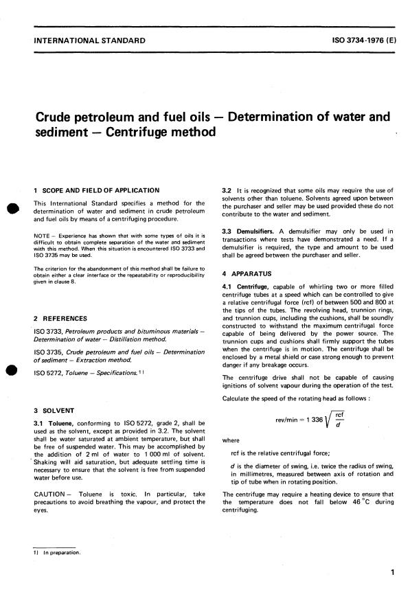 ISO 3734:1976 - Crude petroleum and fuel oils -- Determination of water and sediment -- Centrifuge method