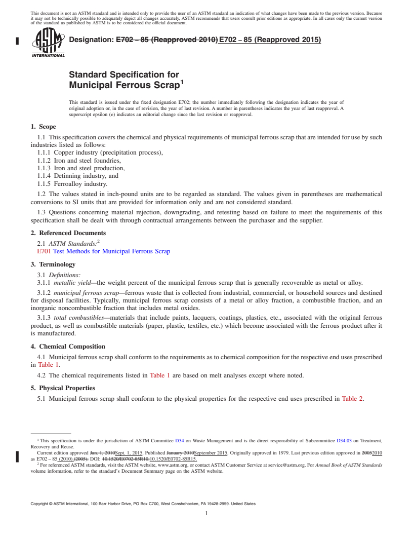 REDLINE ASTM E702-85(2015) - Standard Specification for  Municipal Ferrous Scrap