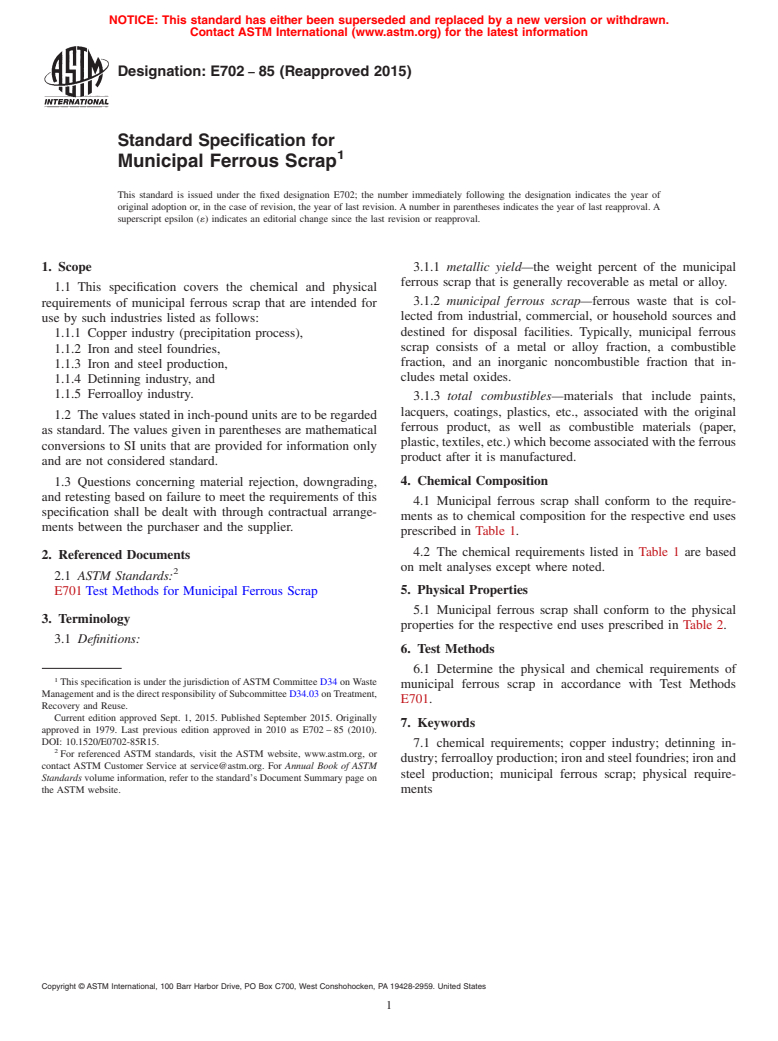 ASTM E702-85(2015) - Standard Specification for  Municipal Ferrous Scrap