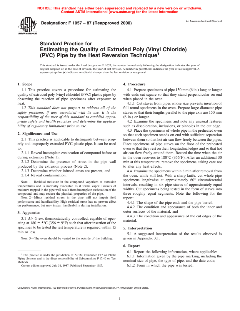 ASTM F1057-87(2000) - Standard Practice for Estimating the Quality of Extruded Poly (Vinyl Chloride) (PVC) Pipe by the Heat Reversion Technique