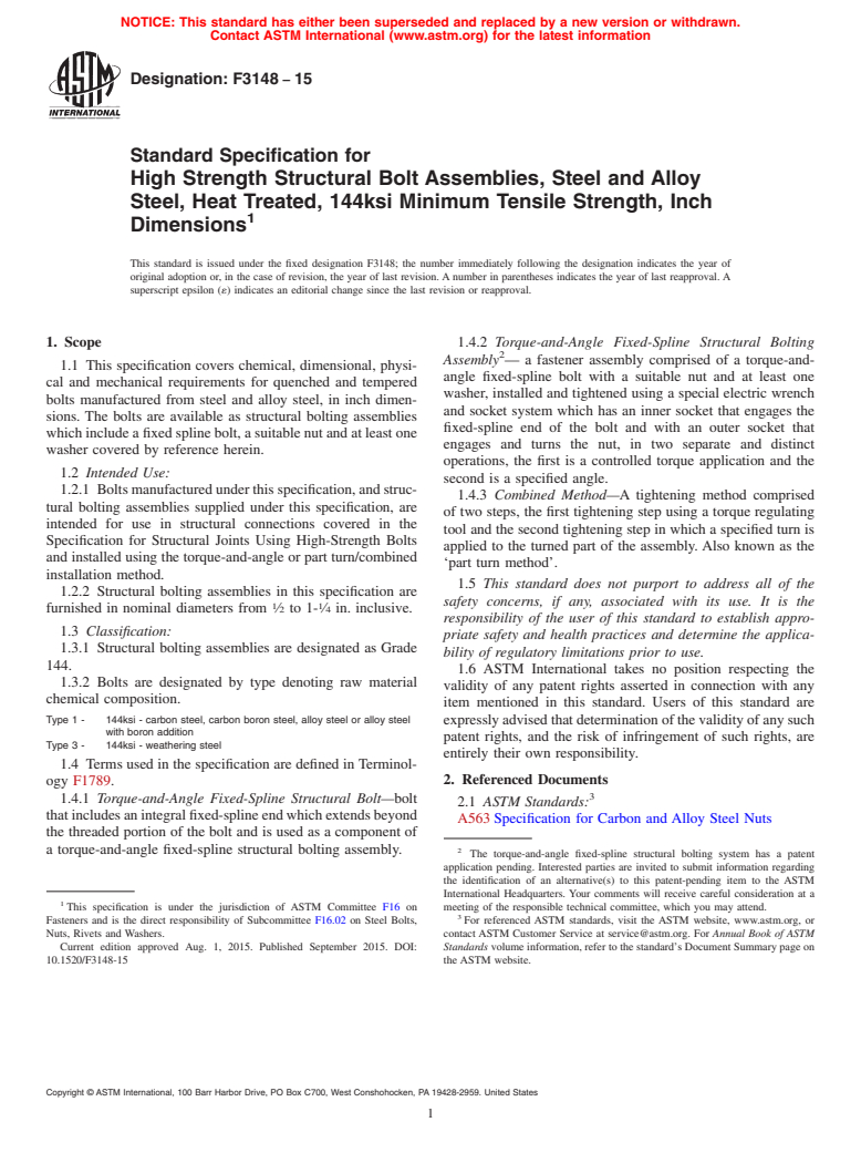 ASTM F3148-15 - Standard Specification for High Strength Structural Bolt Assemblies, Steel and  Alloy  Steel, Heat Treated, 144ksi Minimum Tensile Strength, Inch Dimensions