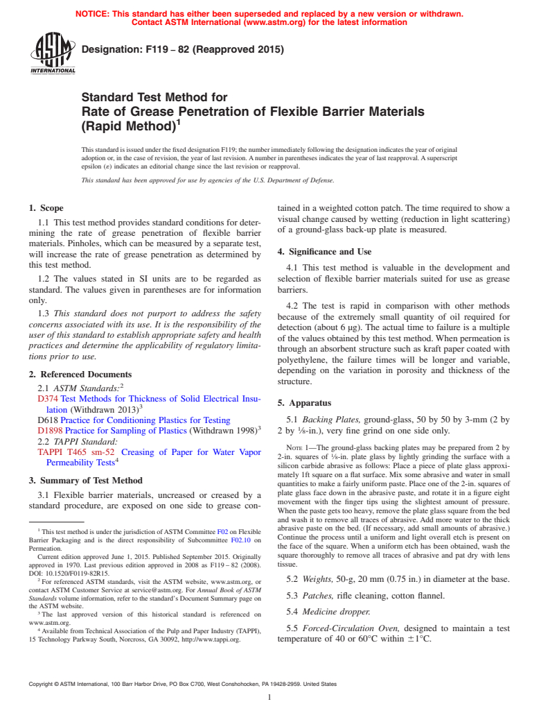 ASTM F119-82(2015) - Standard Test Method for  Rate of Grease Penetration of Flexible Barrier Materials (Rapid  Method)