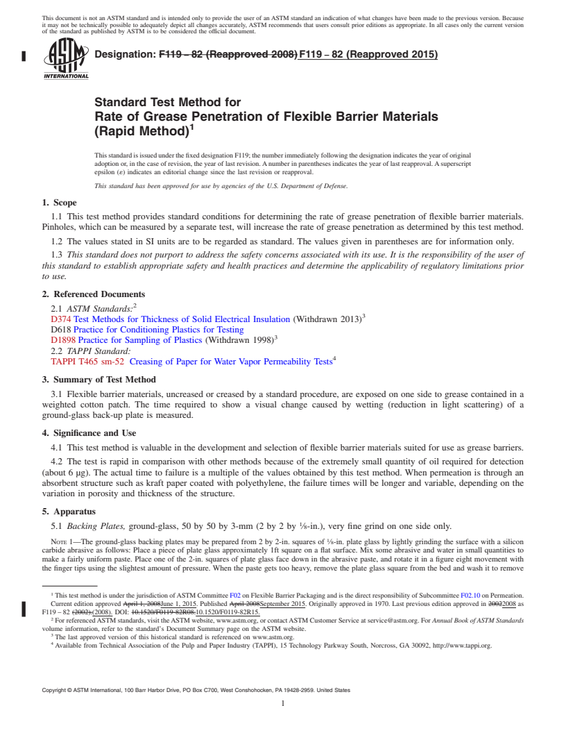 REDLINE ASTM F119-82(2015) - Standard Test Method for  Rate of Grease Penetration of Flexible Barrier Materials (Rapid  Method)