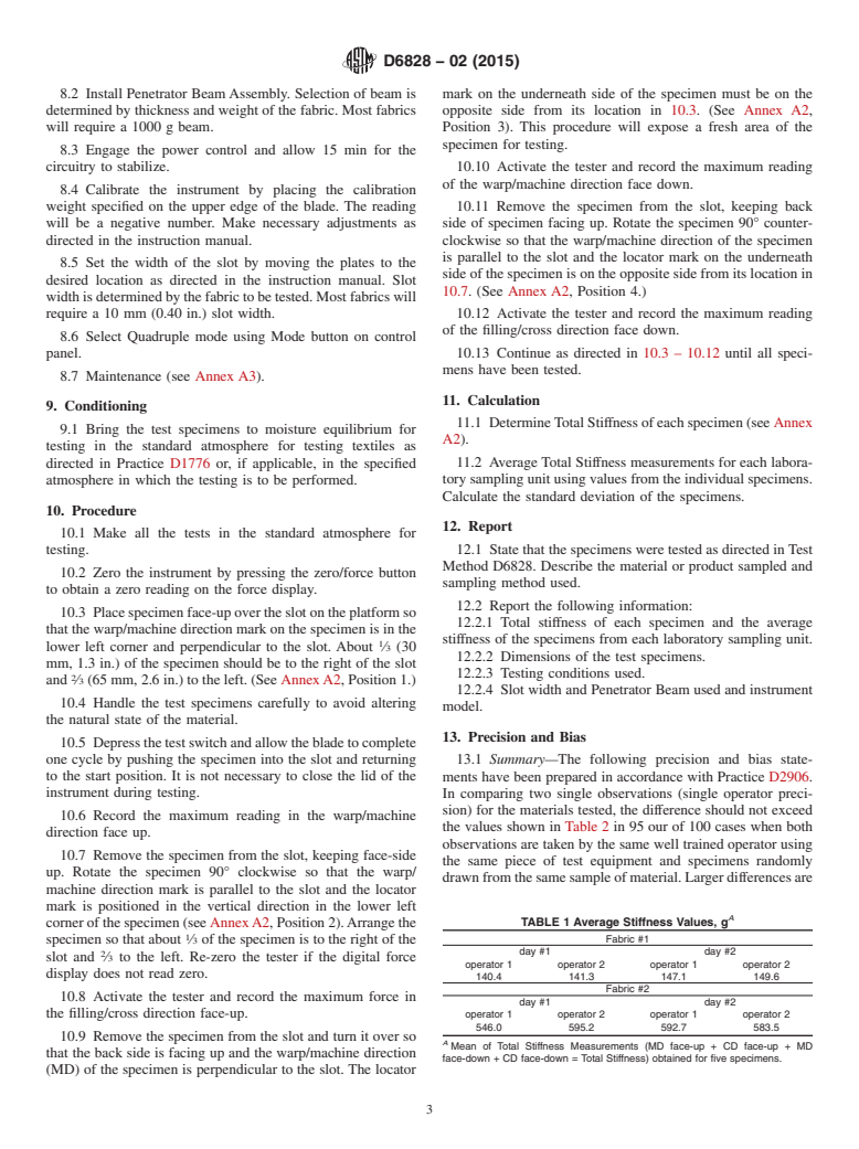 ASTM D6828-02(2015) - Standard Test Method for  Stiffness of Fabric by Blade/Slot Procedure