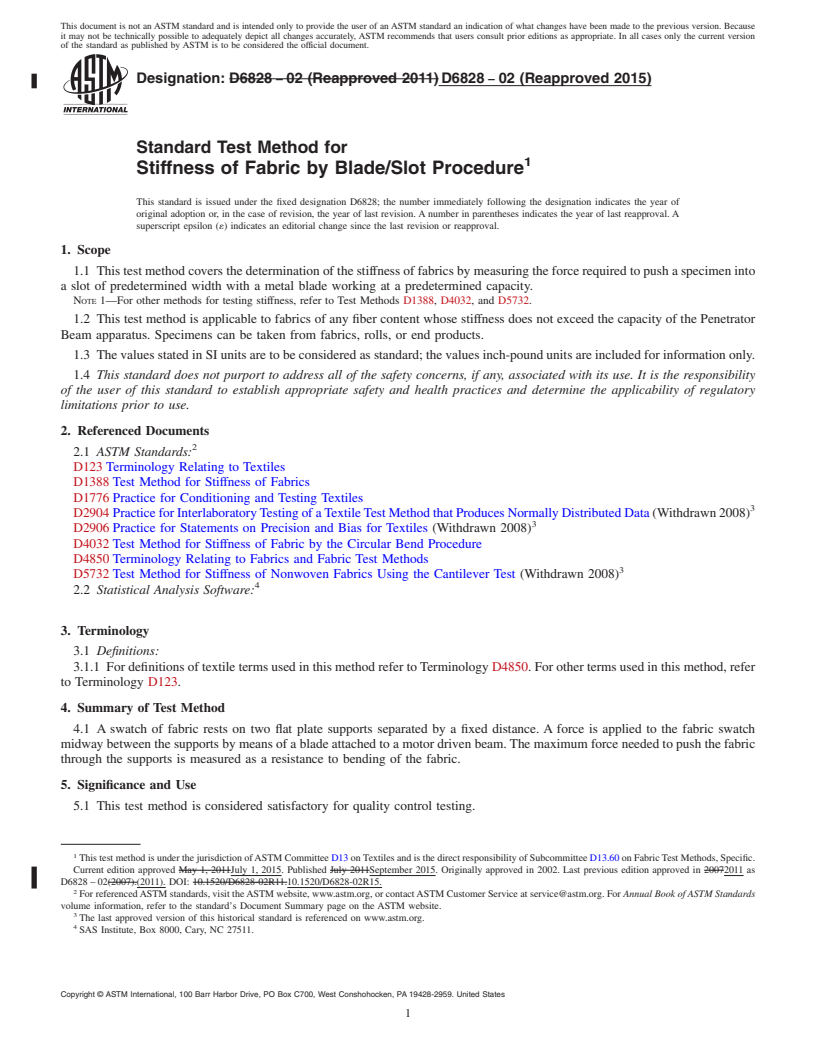 REDLINE ASTM D6828-02(2015) - Standard Test Method for  Stiffness of Fabric by Blade/Slot Procedure