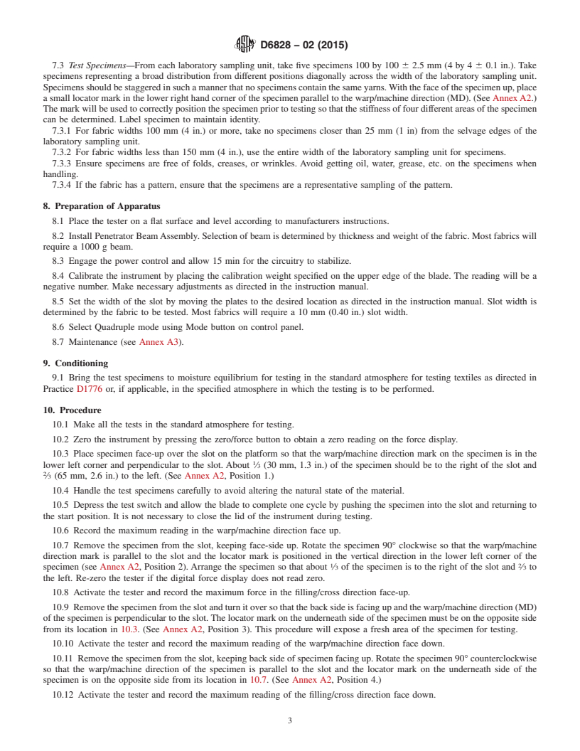 REDLINE ASTM D6828-02(2015) - Standard Test Method for  Stiffness of Fabric by Blade/Slot Procedure