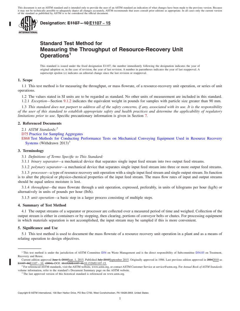 REDLINE ASTM E1107-15 - Standard Test Method for  Measuring the Throughput of Resource-Recovery Unit Operations