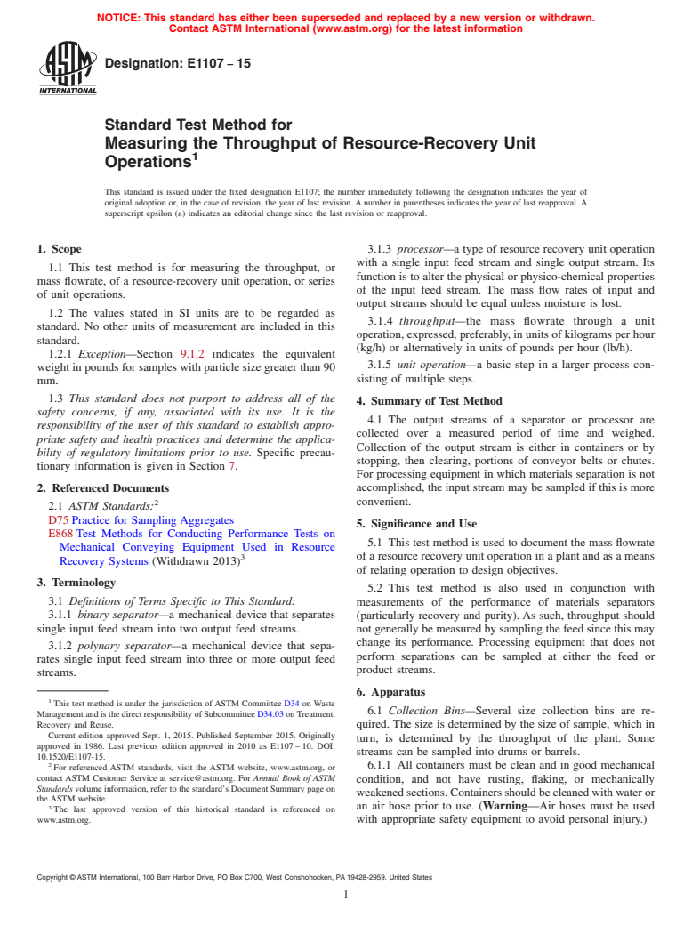 ASTM E1107-15 - Standard Test Method for  Measuring the Throughput of Resource-Recovery Unit Operations