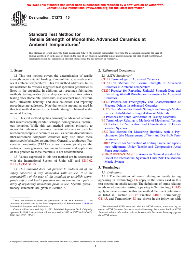 ASTM C1273-15 - Standard Test Method for Tensile Strength of Monolithic Advanced Ceramics at Ambient  Temperatures