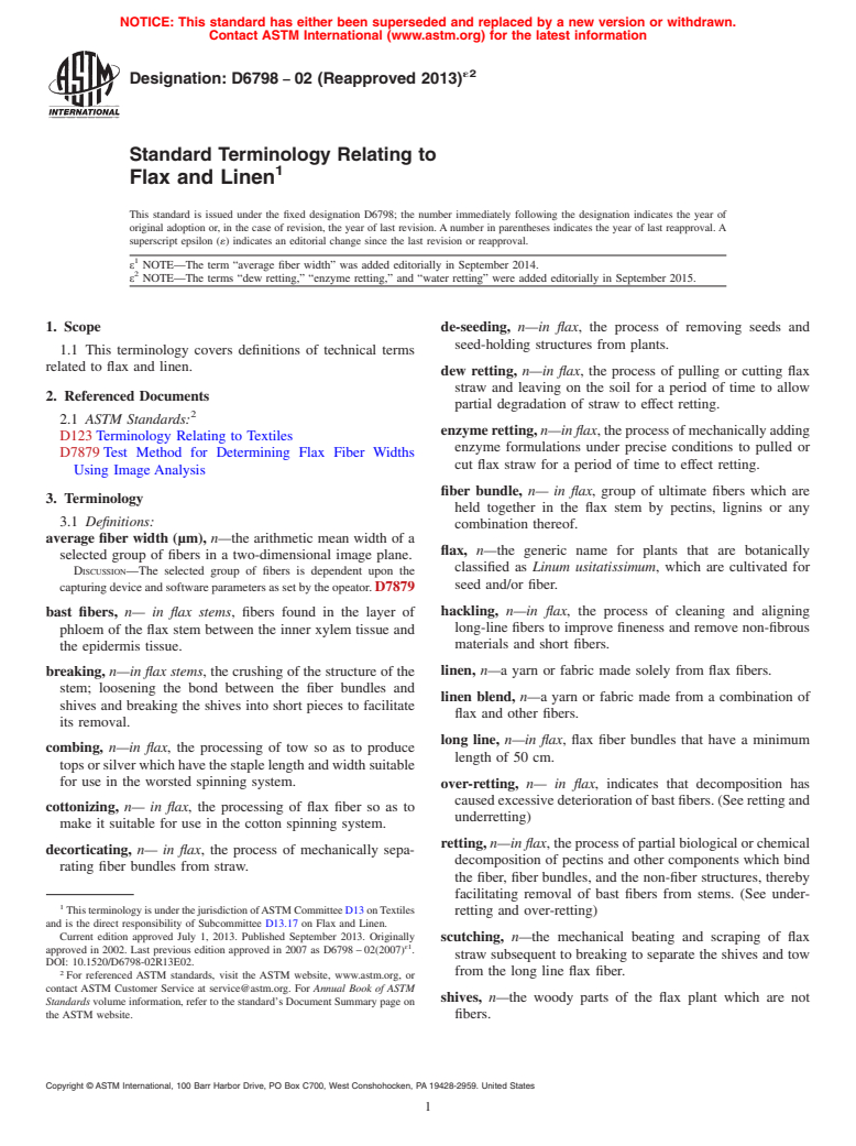 ASTM D6798-02(2013)e2 - Standard Terminology Relating to  Flax and Linen