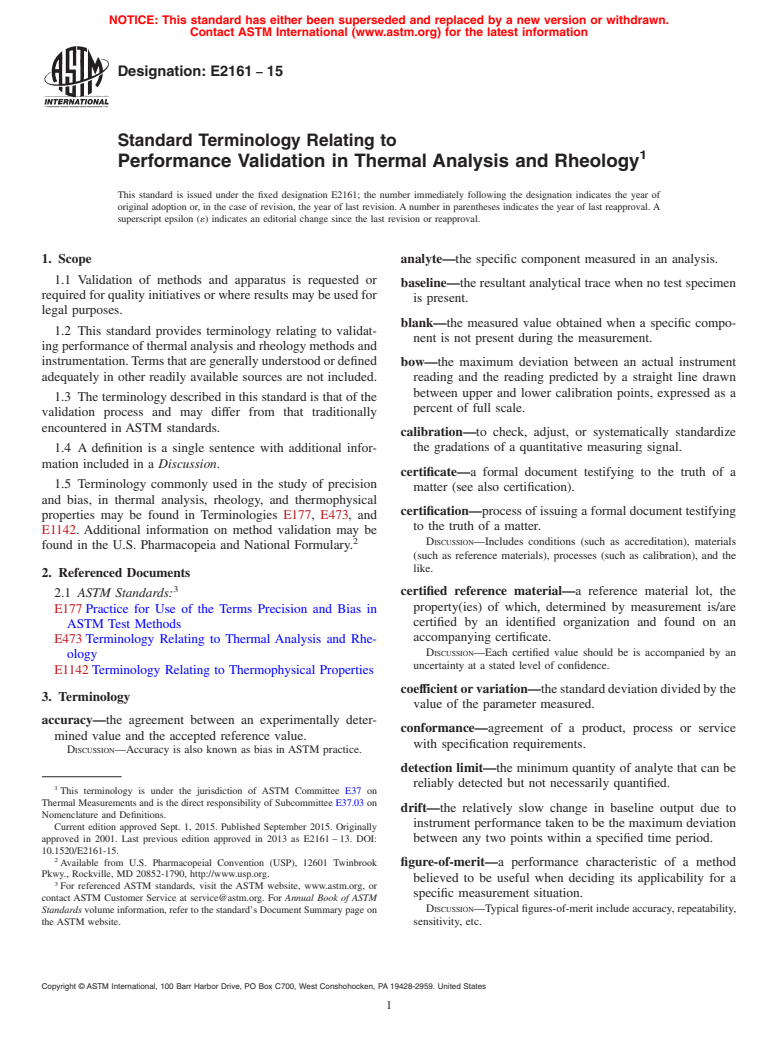 ASTM E2161-15 - Standard Terminology Relating to  Performance Validation  in Thermal Analysis and Rheology