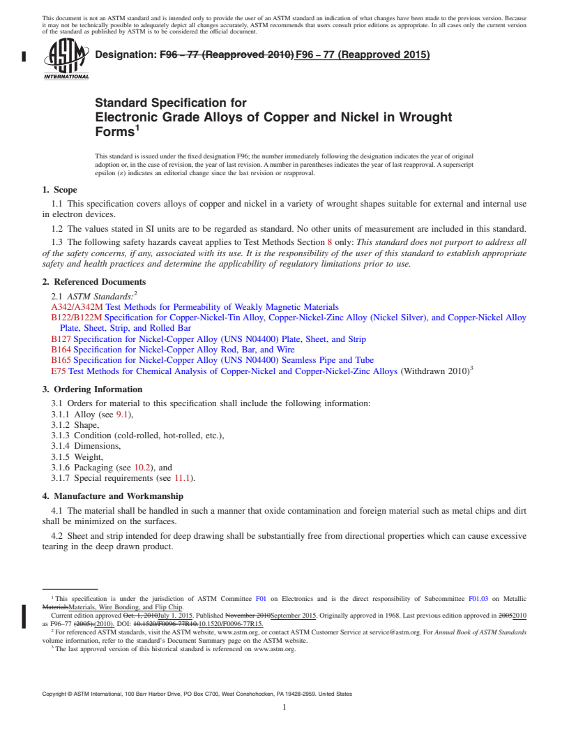 REDLINE ASTM F96-77(2015) - Standard Specification for  Electronic Grade Alloys of Copper and Nickel in Wrought Forms