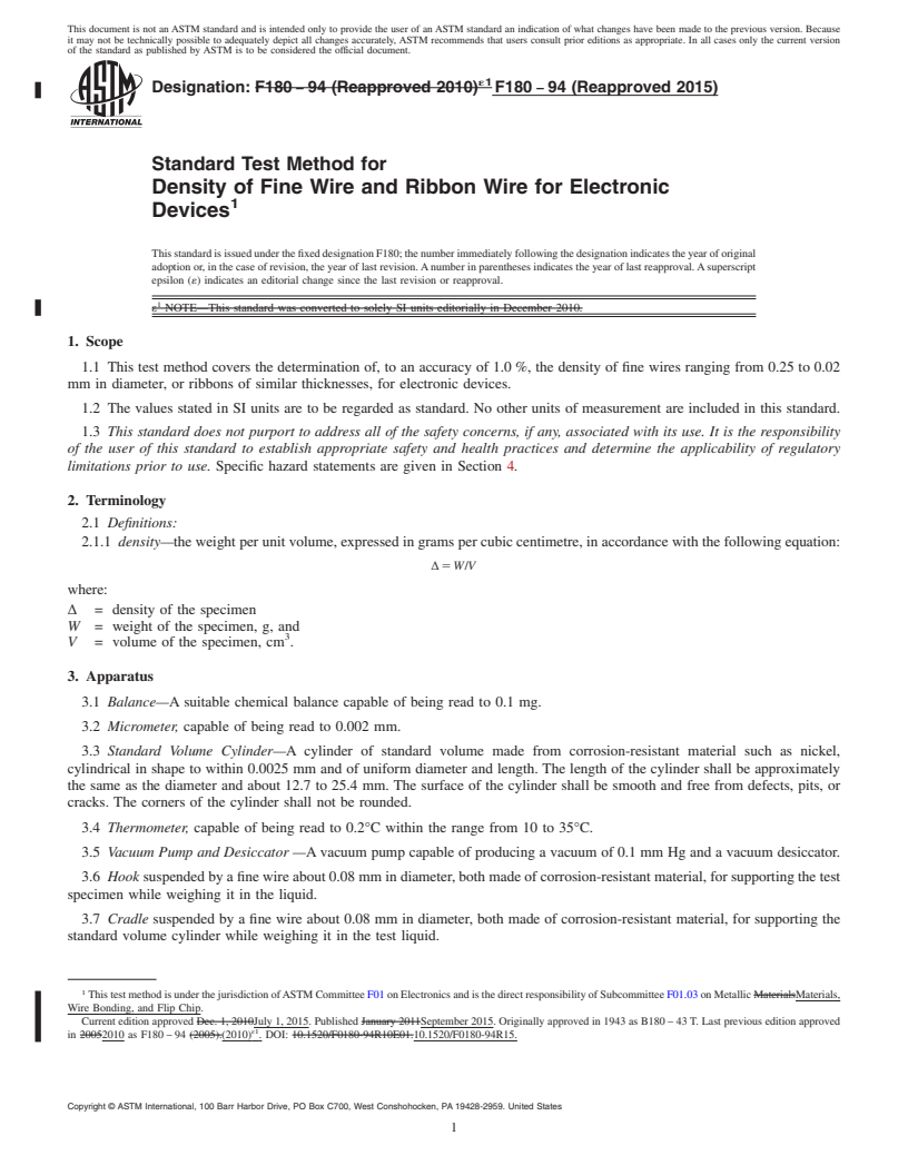 REDLINE ASTM F180-94(2015) - Standard Test Method for  Density of Fine Wire and Ribbon Wire for Electronic Devices