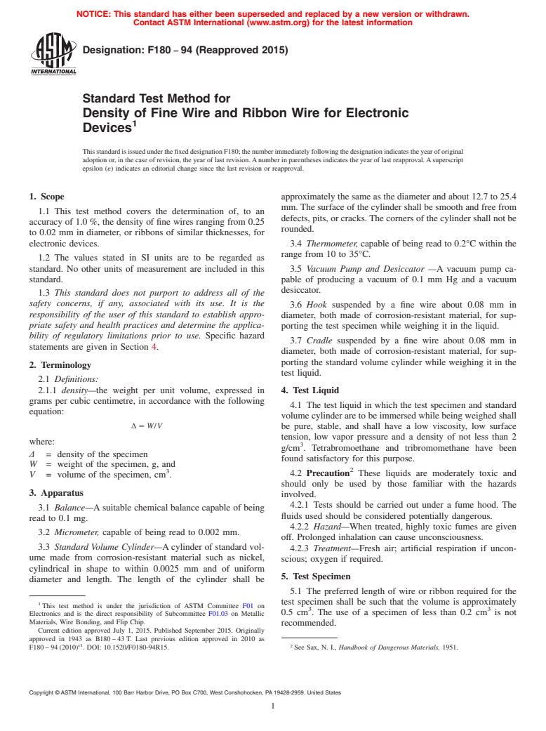 ASTM F180-94(2015) - Standard Test Method for  Density of Fine Wire and Ribbon Wire for Electronic Devices