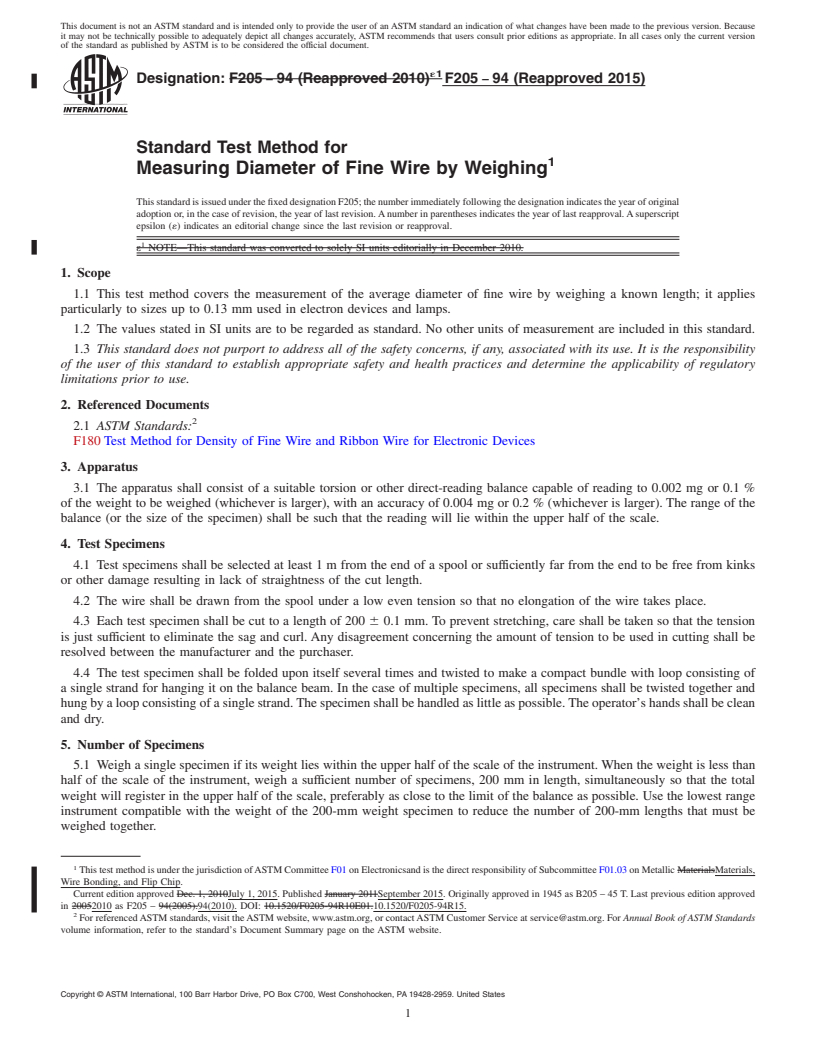 REDLINE ASTM F205-94(2015) - Standard Test Method for  Measuring Diameter of Fine Wire by Weighing