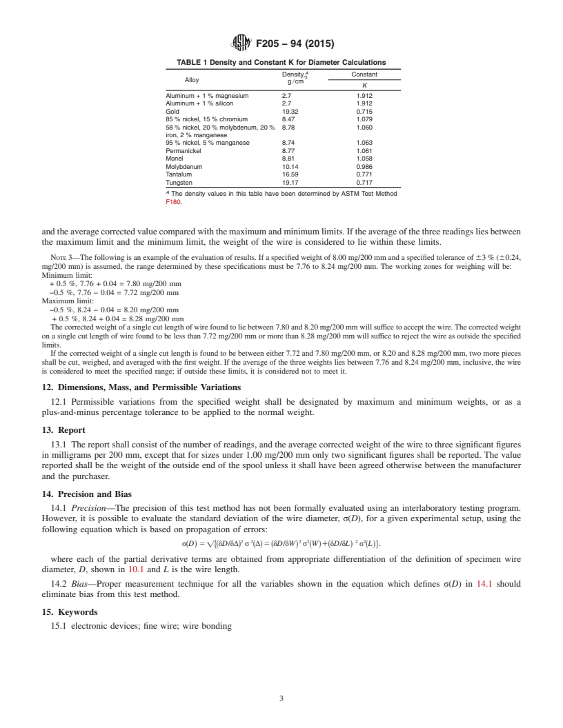 REDLINE ASTM F205-94(2015) - Standard Test Method for  Measuring Diameter of Fine Wire by Weighing