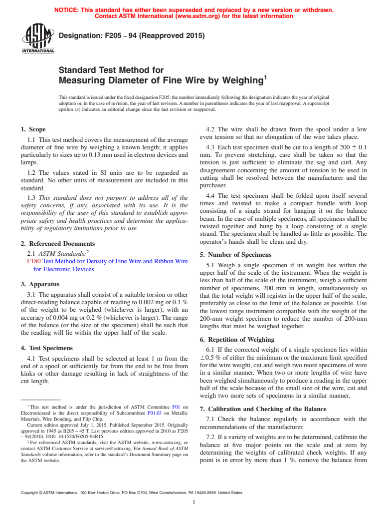 ASTM F205-94(2015) - Standard Test Method for  Measuring Diameter of Fine Wire by Weighing