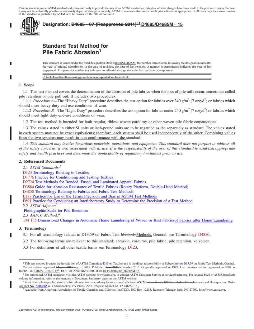 REDLINE ASTM D4685/D4685M-15 - Standard Test Method for  Pile Fabric Abrasion