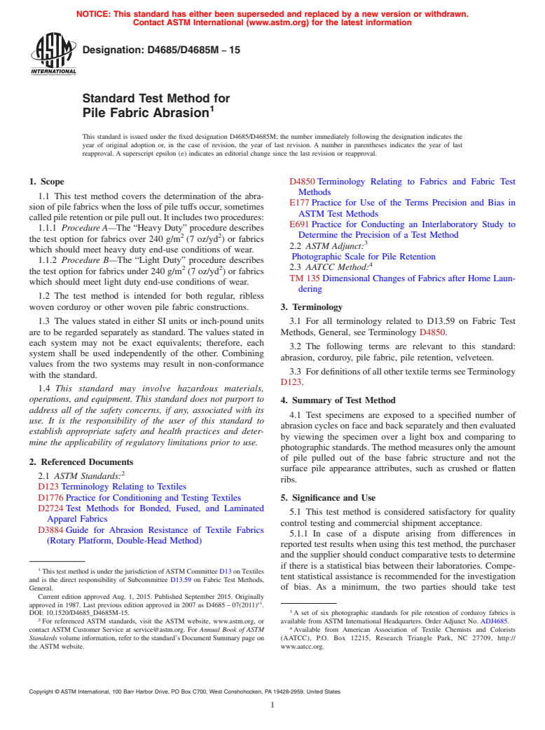 ASTM D4685/D4685M-15 - Standard Test Method for  Pile Fabric Abrasion