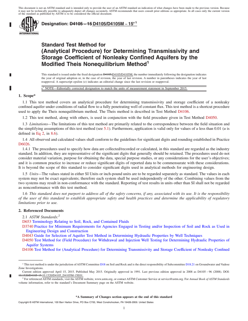 REDLINE ASTM D4105/D4105M-15e1 - Standard Test Method for (Analytical Procedure) for Determining Transmissivity and Storage Coefficient of Nonleaky Confined Aquifers by the Modified Theis Nonequilibrium Method