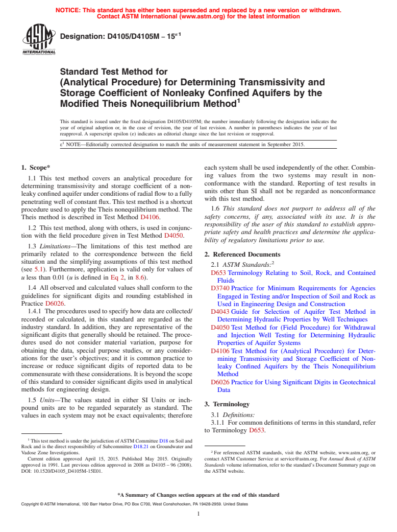 ASTM D4105/D4105M-15e1 - Standard Test Method for (Analytical Procedure) for Determining Transmissivity and Storage Coefficient of Nonleaky Confined Aquifers by the Modified Theis Nonequilibrium Method
