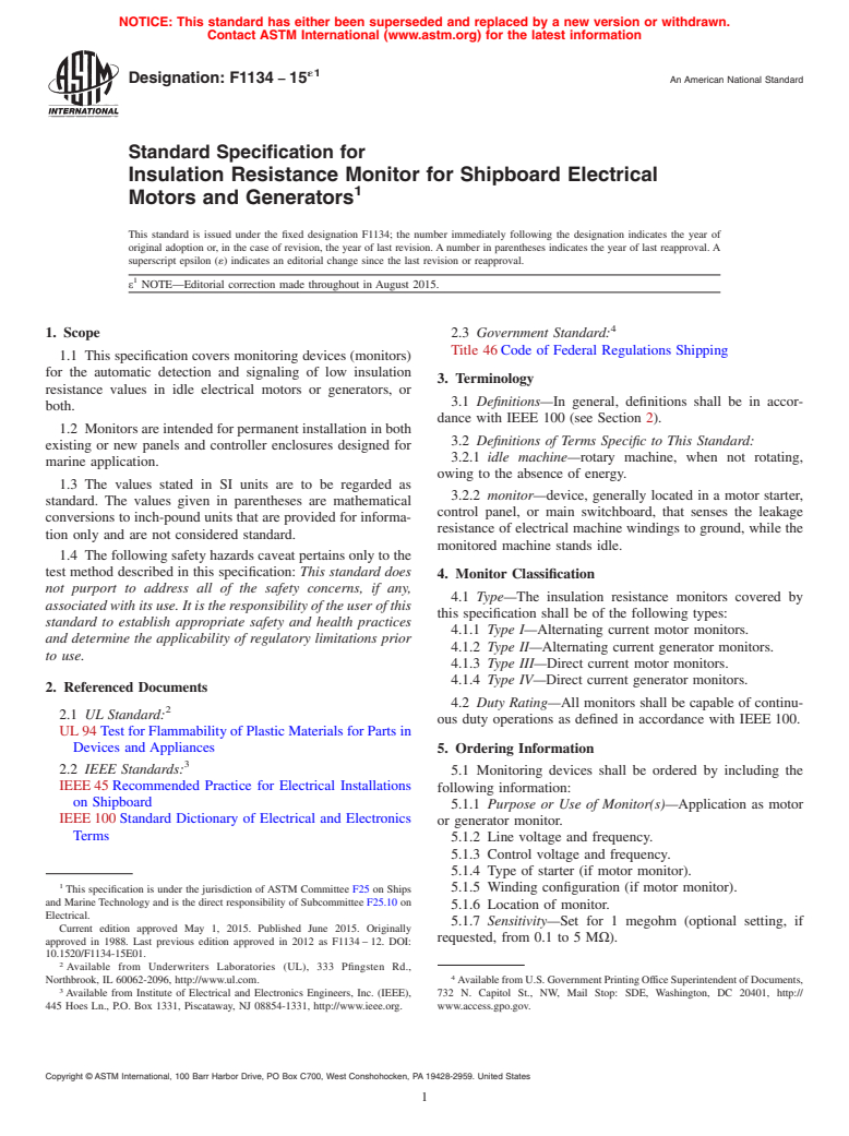 ASTM F1134-15e1 - Standard Specification for  Insulation Resistance Monitor for Shipboard Electrical Motors  and Generators