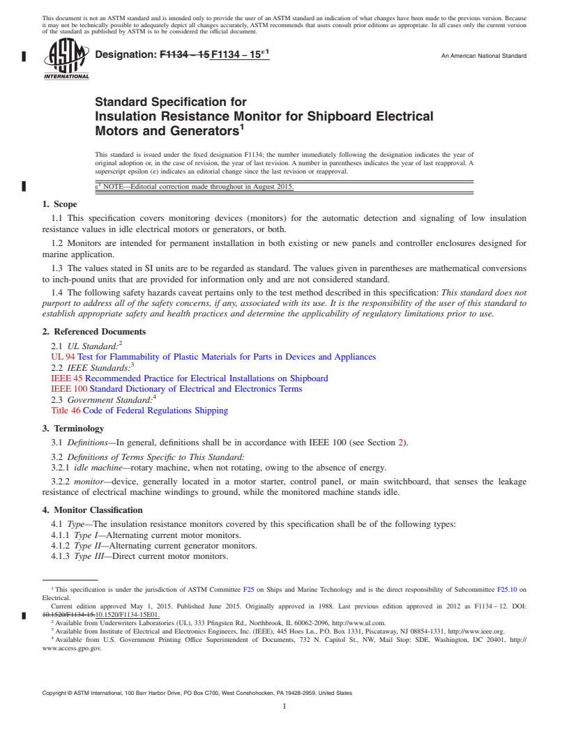 REDLINE ASTM F1134-15e1 - Standard Specification for  Insulation Resistance Monitor for Shipboard Electrical Motors  and Generators