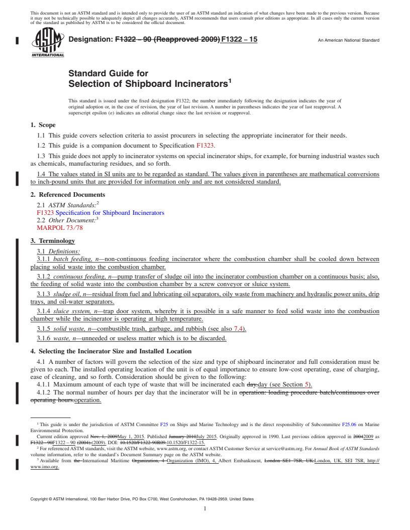 REDLINE ASTM F1322-15 - Standard Guide for  Selection of Shipboard Incinerators