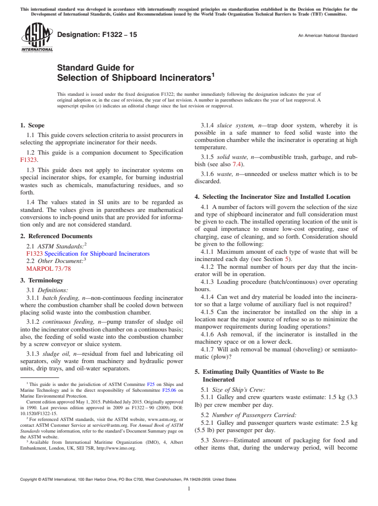 ASTM F1322-15 - Standard Guide for  Selection of Shipboard Incinerators