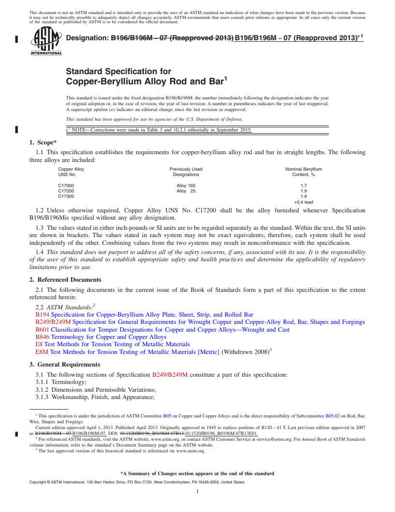 REDLINE ASTM B196/B196M-07(2013)e1 - Standard Specification for Copper-Beryllium Alloy Rod and Bar