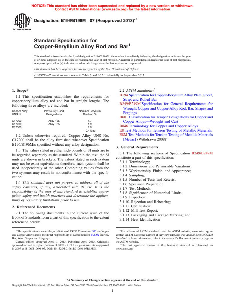 ASTM B196/B196M-07(2013)e1 - Standard Specification for Copper-Beryllium Alloy Rod and Bar