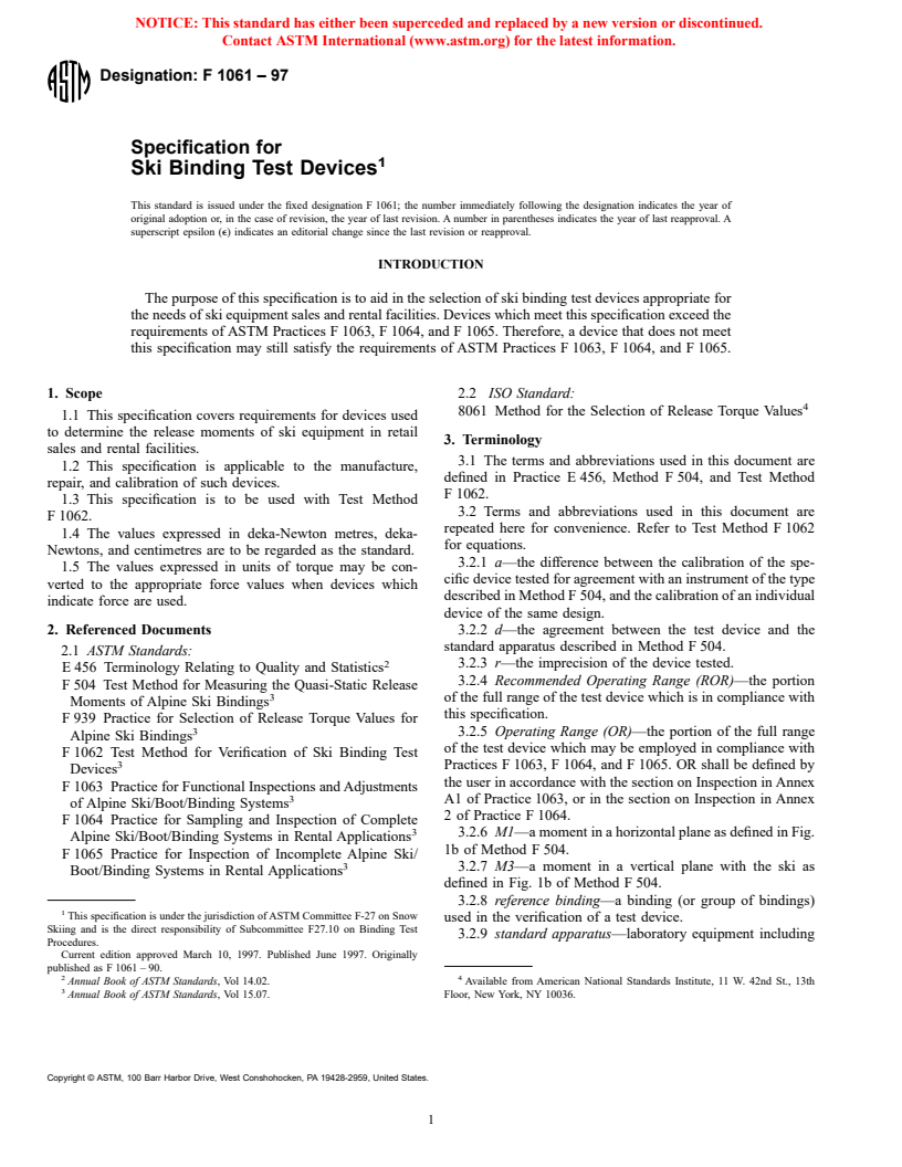 ASTM F1061-97 - Specification for Ski Binding Test Devices