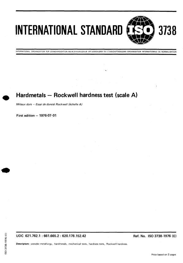 ISO 3738:1976 - Hardmetals -- Rockwell hardness test (Scale A)
