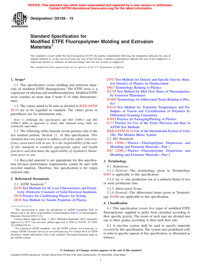 ASTM D3159-15 - Standard Specification for Modified ETFE Fluoropolymer Molding and Extrusion Materials