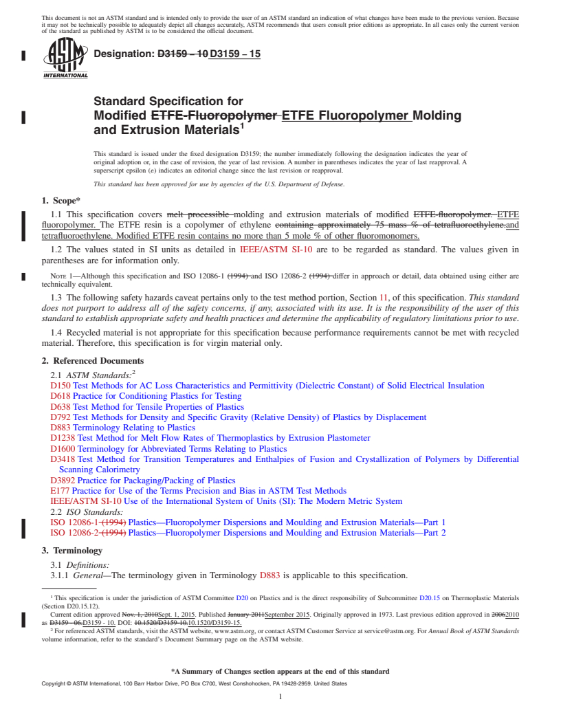 REDLINE ASTM D3159-15 - Standard Specification for Modified ETFE Fluoropolymer Molding and Extrusion Materials