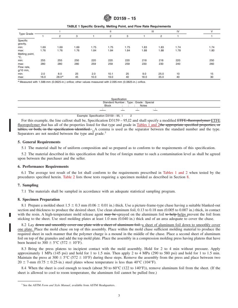 REDLINE ASTM D3159-15 - Standard Specification for Modified ETFE Fluoropolymer Molding and Extrusion Materials