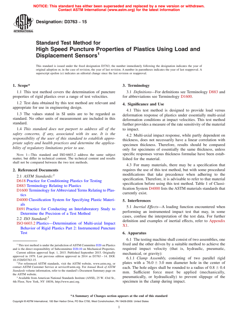 ASTM D3763-15 - Standard Test Method for  High Speed Puncture Properties of Plastics Using Load and Displacement  Sensors