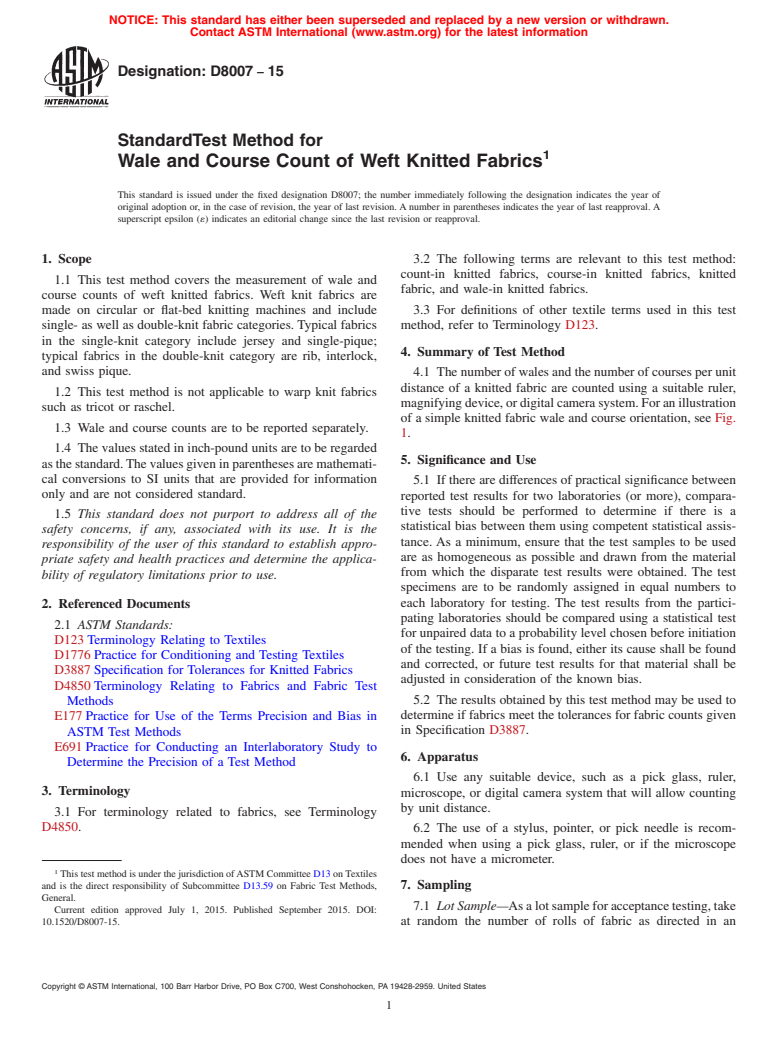 ASTM D8007-15 - Standard Test Method for Wale and Course Count of Weft Knitted Fabrics