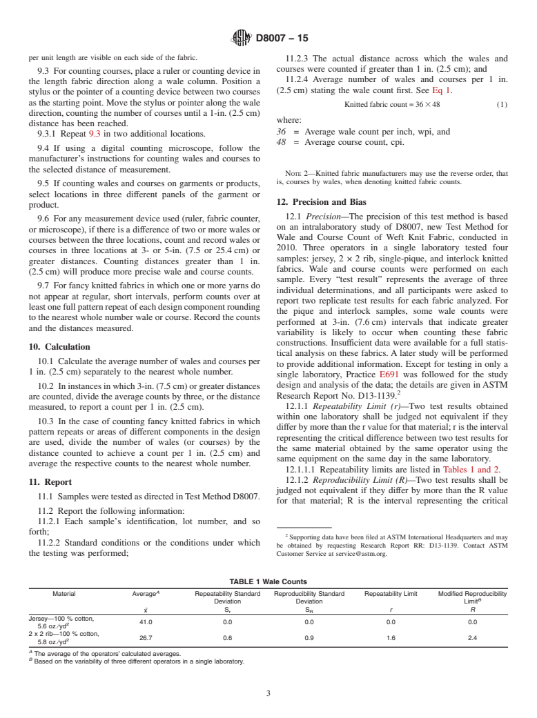 ASTM D8007-15 - Standard Test Method for Wale and Course Count of Weft Knitted Fabrics