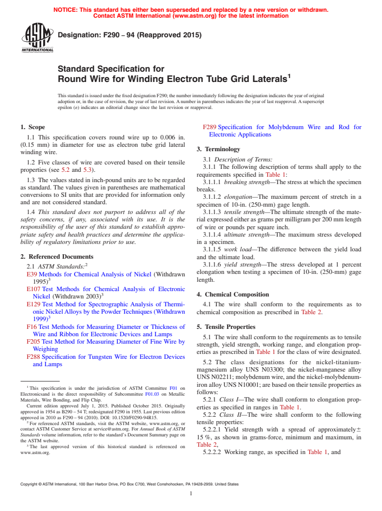 ASTM F290-94(2015) - Standard Specification for  Round Wire for Winding Electron Tube Grid Laterals